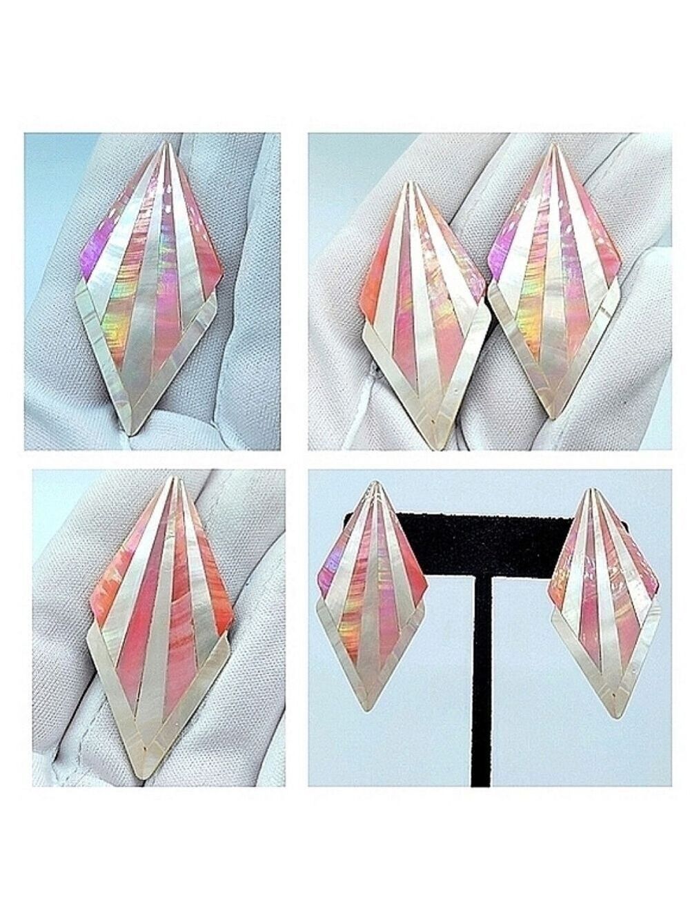 Vintage Pink White Seashell Geometric Earrings #1218